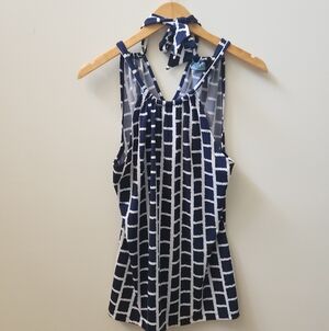 Cynthia Rowley Navy White Grid Print Halter Tank Top Stretch Sleeveless M